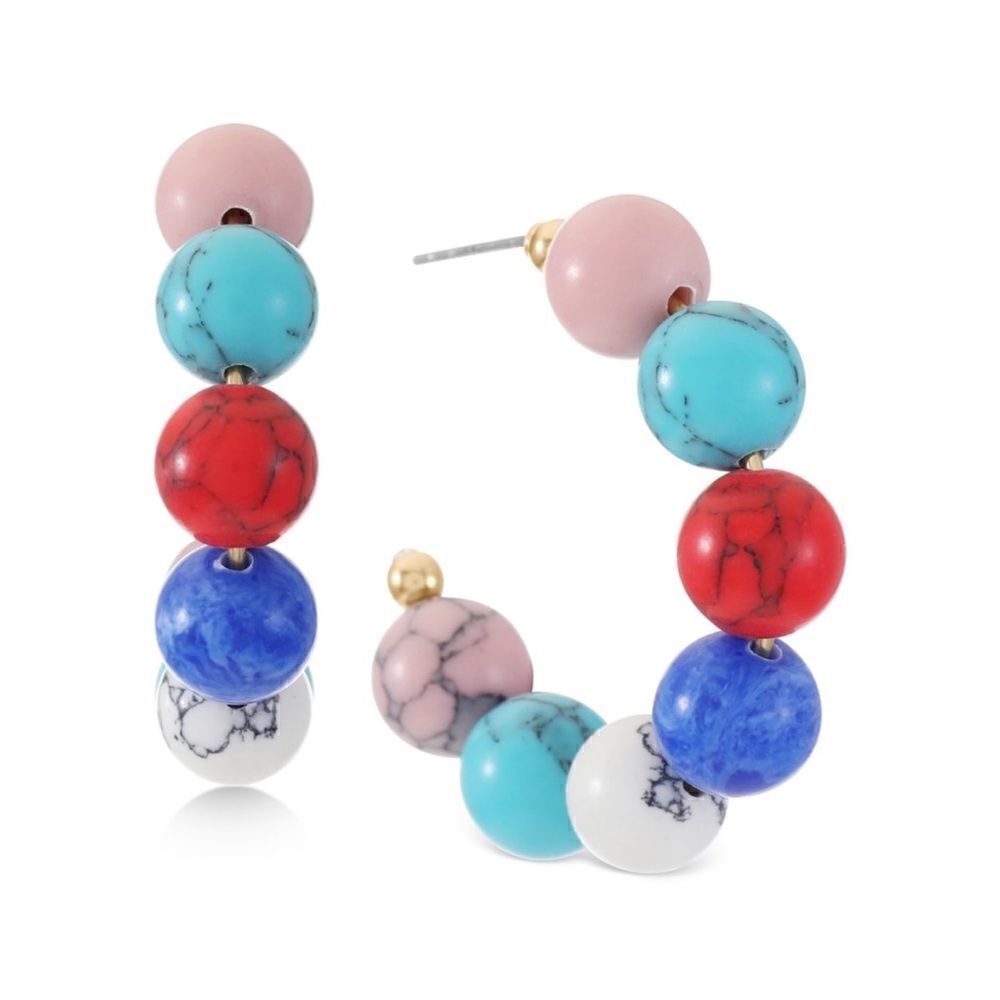 Alfani Gold-Tone Multicolor Small Stone Bead C-Hoop 1.5" Earrings New